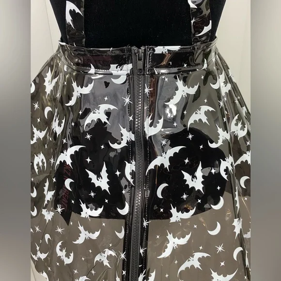 TRICKZ N TREATZ Bat My Lashes Print PVC Vinyl Mini Dress Bat Crescent Moon Black - Picture 6 of 14